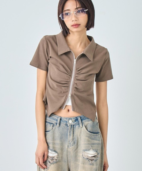 ANAP（アナップ） tシャツ ギャザー ZIP 半袖 トップス レディース