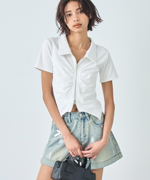 ANAP（アナップ） tシャツ ギャザー ZIP 半袖 トップス レディース