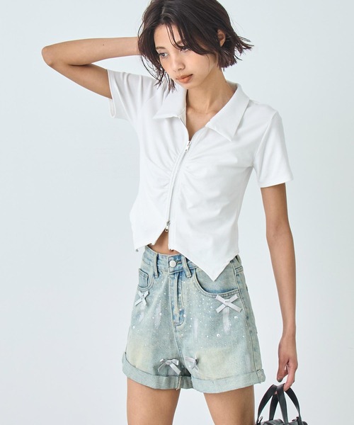 ANNITAN 半袖トップス ANAP（アナップ） tシャツ 半袖 ギャザー ZIP 半袖 トップス