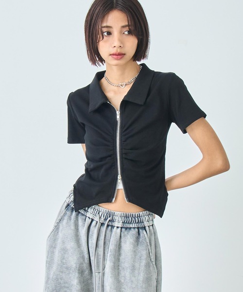ANAP（アナップ） tシャツ 半袖 ギャザー ZIP 半袖 トップス
