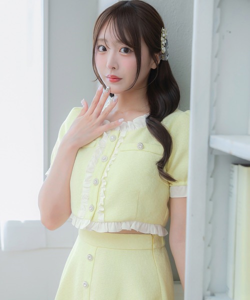 PriCHOU カーディガン 半袖 Frill Tweed Tops/フリルツイードトップス