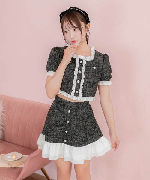 PriCHOU カーディガン 半袖 Frill Tweed Tops/フリルツイードトップス