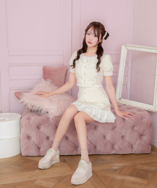 PriCHOU カーディガン Frill Tweed Tops/フリルツイードトップス