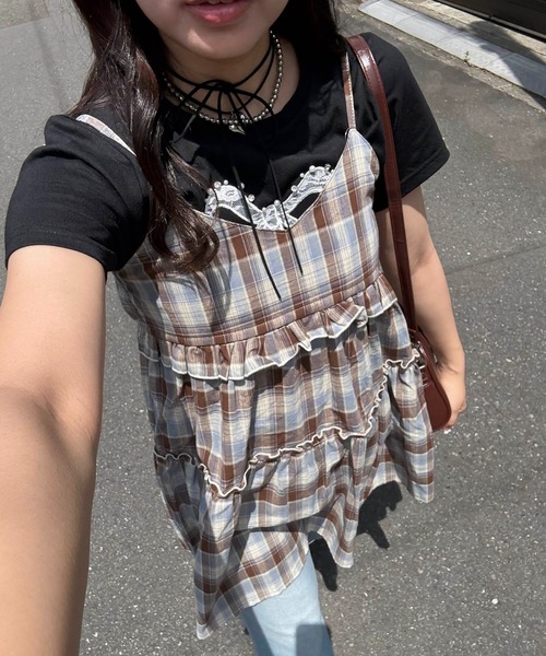 tシャツ オンブレチェックキャミチュニック　579492 レディース AS KNOW チュニック ○アソート柄 ティアードキャミチュニック