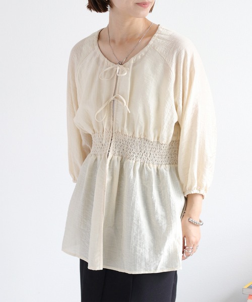 ブラウス シャツ シアースモッキングブラウス レディース antiqua ブラウス シャツ シアースモッキングブラウス