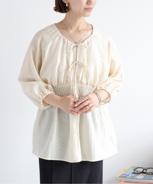 ブラウス シャツ スモッキングシアーブラウス レディース antiqua ブラウス シャツ シアースモッキングブラウス
