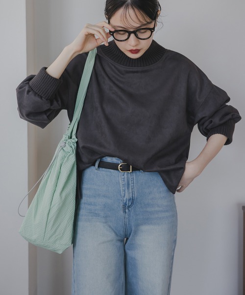 tシャツ フェイクスエード ハイネック プルオーバー レディース