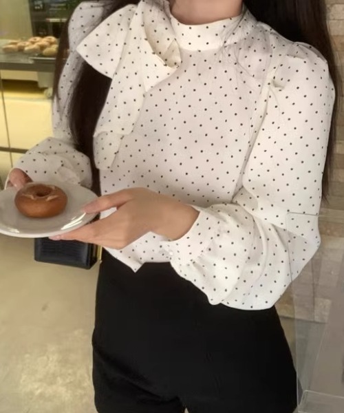 Mejoul ブラウス シャツ ドットボウタイリボンブラウス レディース