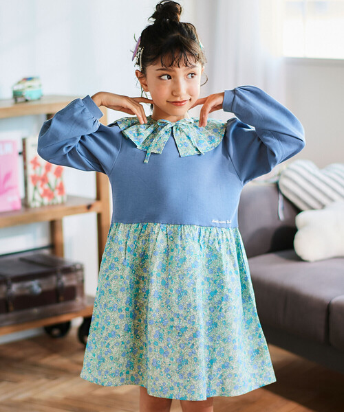 アマイアキッズ　花柄長袖ワンピース（青系） アマイアキッズ 花柄長袖ワンピース（青系） 【公式通販】