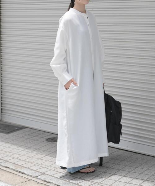 【美品】かぐれ＊バンドカラー オーバーシャツワンピース オフ白 F ロング FORK&SPOON（フォークアンドスプーン） ワンピース バンドカラーダブル