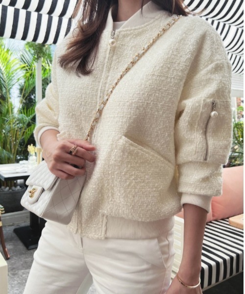 【完売品】パール付きニットブルゾン ブルゾン アウター パール付きショートブルゾン レディース : ZOZOTOWN