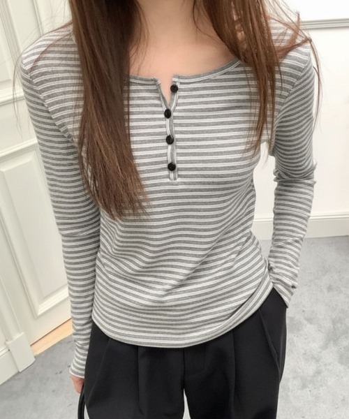 ボーダー柄 ヘンリーネック 長袖カットソー ヘンリーネック tシャツ 「新色追加」「四色展開」 ボーダーヘンリー