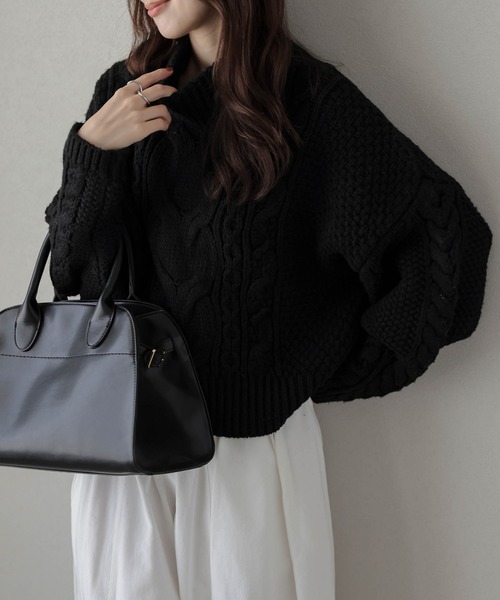 Sov.　ボリュームスリーブケーブルニット　ブラック　36 ボリュームスリーブケーブルニット