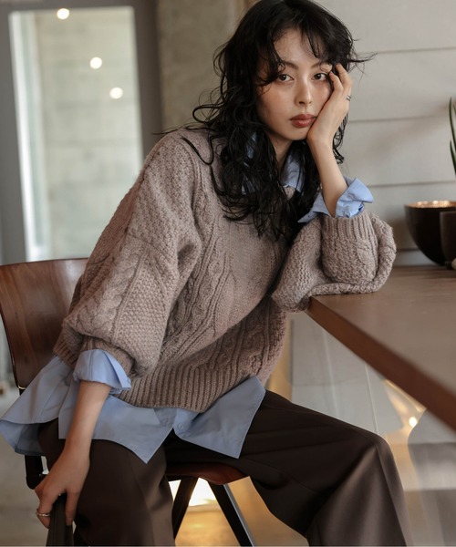 ニット セーター ボリュームスリーブケーブルニット レディース