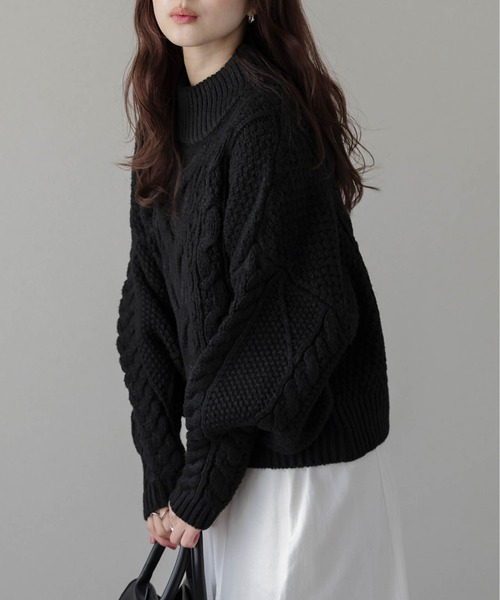 ニット セーター ボリュームスリーブケーブルニット レディース