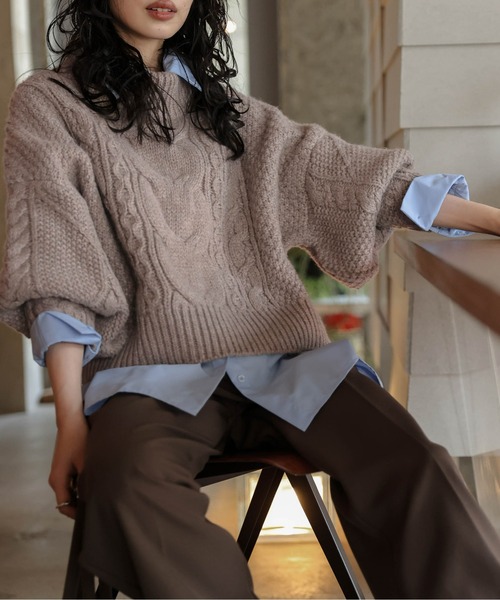 ニット セーター ボリュームスリーブケーブルニット レディース