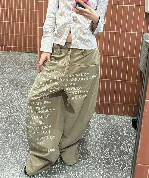 ナゴンスタンス 美品 ペイント ワイドパンツ ビッグシルエット マルチカラー FreeZone カーゴパンツ ビッグシルエット英字プリントワイドパンツ