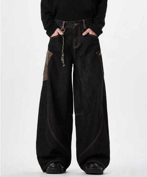 lilful ジーンズ スネーク柄フェイクレザーポケットワイドバギー