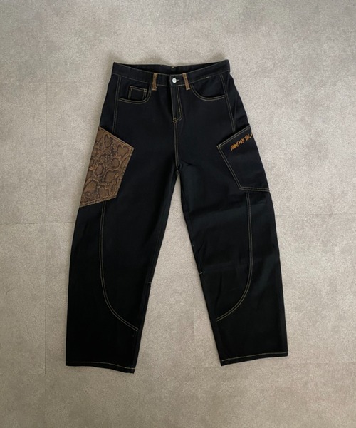 lilful ジーンズ スネーク柄フェイクレザーポケットワイドバギー