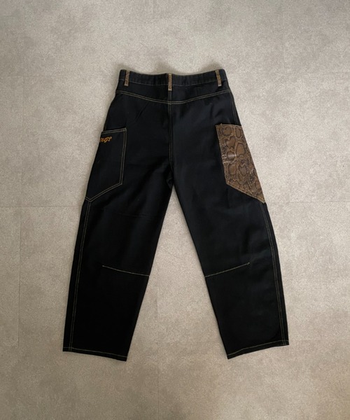 lilful ジーンズ スネーク柄フェイクレザーポケットワイドバギー