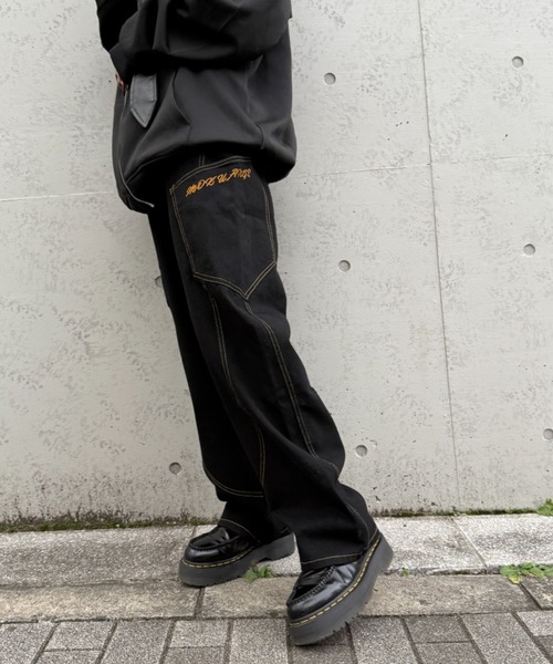 lilful ワイドパンツ ジーンズ スネーク柄フェイクレザーポケット