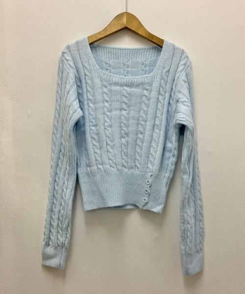 ニット セーター スクエアネック ケーブル編み ウエストボタン ニット