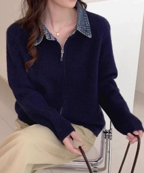 Aelina ニット セーター ダブルジップ襟デニム切り替えニットトップス