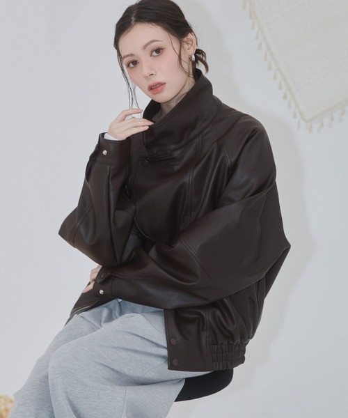 ENVYM スタンドカラー レザーオーバーサイズ ジャケット【2026年春新作】 スタンドカラー レザー オーバーサイズ ジャケット【2026年春新作