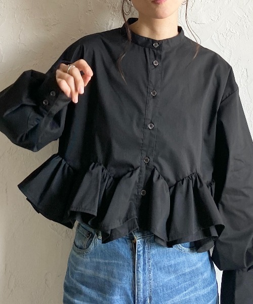 She's Closet ブラウス シャツ ショート丈 長袖ボリュームスリーブ 裾
