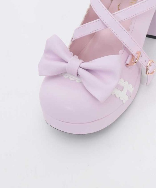 い*ち様 シャルミエールチョコレートピンク リボン付き ウェッジソールパンプス Chalmiere（シャルミエール） パンプス 梯子レーススカラップパンプス