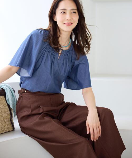 ワイドパンツ パンツ グルカ風ベルトデザインワイドパンツ レディースの画像
