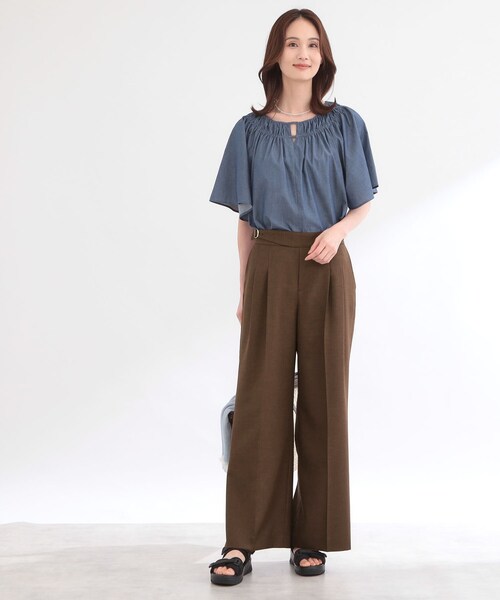 ワイドパンツ パンツ グルカ風ベルトデザインワイドパンツ レディースの画像