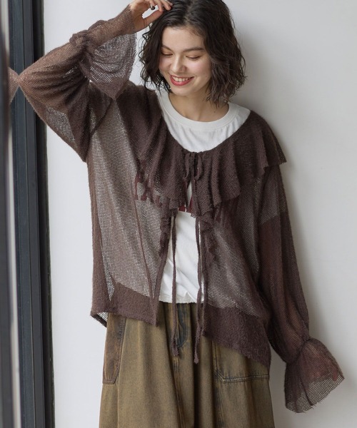 ニコアンドbewithMMisayoメッシュロゴカーディガングレー新品 niko and…（ニコアンド） カーディガン モケメッシュフリルリボンプル