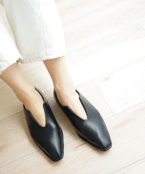 SESTO パンプス ステッチデザインローヒールVカットマニッシュ