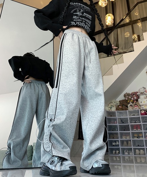 ワイドレッグ スウェットパンツ サイドライン ジャージ スウェットパンツ ジャージ 「HOOK」for girls サイドライン
