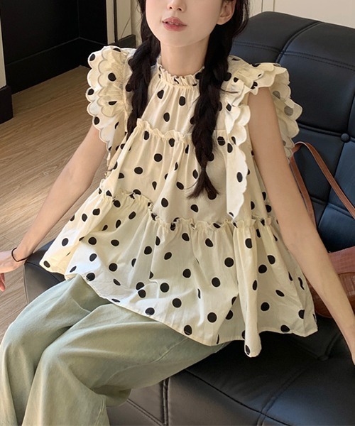 gossip!ロサンゼルス ブラウス シャツ ドット柄スカラップ肩フリル
