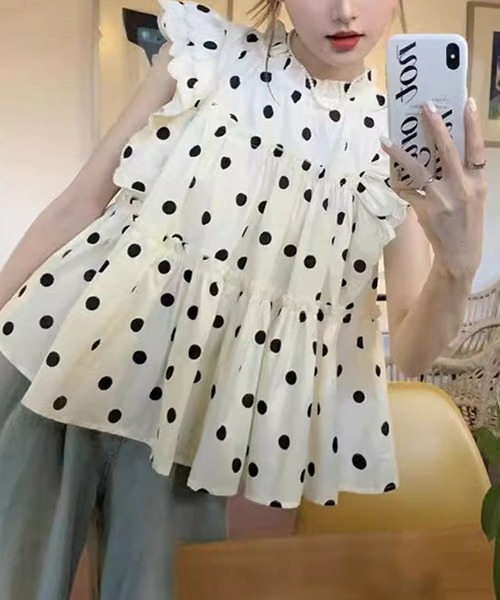 gossip!ロサンゼルス ブラウス シャツ ドット柄スカラップ肩フリル