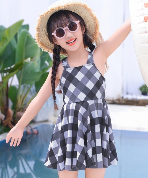 TeddyShop 水着 キッズ水着 チェック柄バックリボンワンピ風