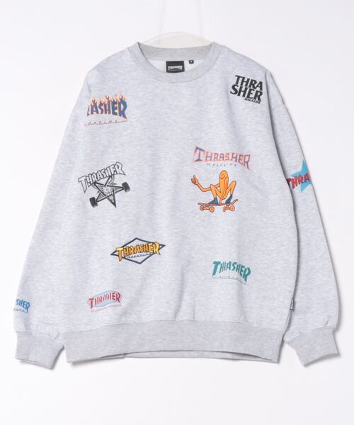 トレーナー スウェット 「THRASHER/スラッシャー」裏起毛バック刺繍 総柄プリントスウェットプルオーバー メンズ レディース