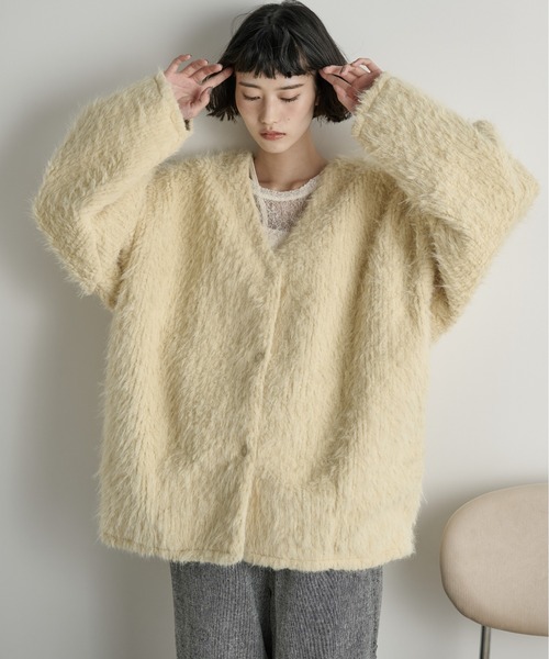 THE Yon ノーカラーコート コート ストールセットヘアリーシャギーノー