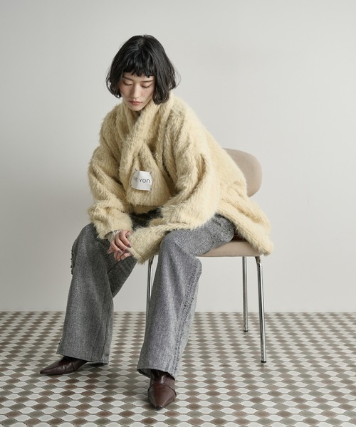 THE YOn ストールセットヘアリーシャギーノーカラーミドルコート THE Yon ノーカラーコート コート ストールセットヘアリーシャギーノー