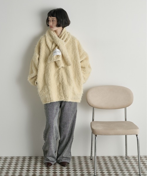 THE Yon ノーカラーコート コート ストールセットヘアリーシャギーノー