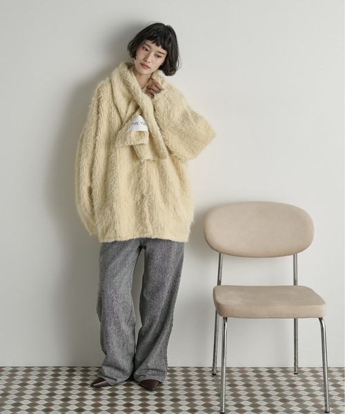 THE Yon ノーカラーコート コート ストールセットヘアリーシャギーノー