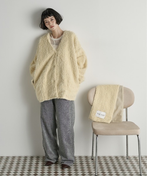 THE YOn ストールセットヘアリーシャギーノーカラーミドルニットコート THE Yon ノーカラーコート コート ストールセットヘアリーシャギーノー