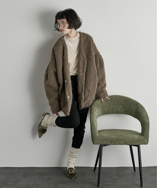 THE Yon ノーカラーコート コート ストールセットヘアリーシャギーノー