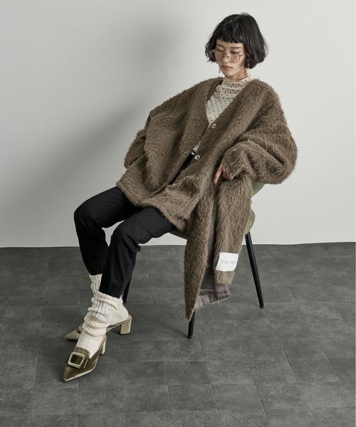 THE Yon ノーカラーコート コート ストールセットヘアリーシャギーノー