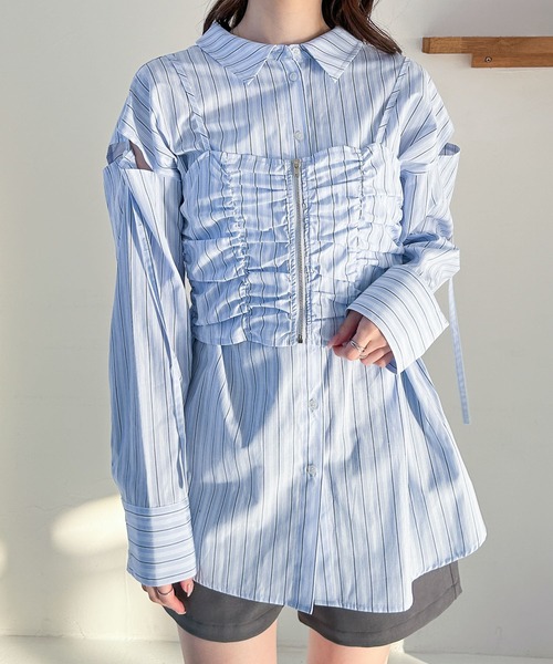 ブラウス シャツ ビスチェSETピンタックシャツ レディース ピンタックビスチェ×ミドルシャツSET(M BLUE): トップス