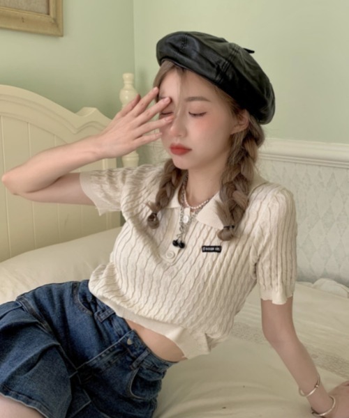  JEANS -  JEANSのクロップドケーブルニットポロシャツ ポロシャツ ポロ ケーブル編みニットポロシャツ / クロップド