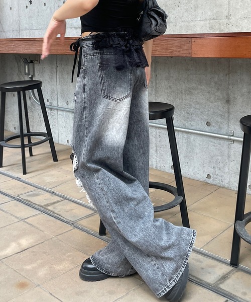 レース付きワイドレッグデニムパンツ セール】レディース レース×ダメージワイドレッグストレート
