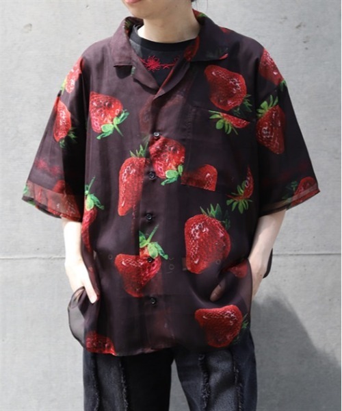 シアープリントシャツ AXESーX シャツ イチゴプリントシアーシャツ メンズ : ZOZOTOWN